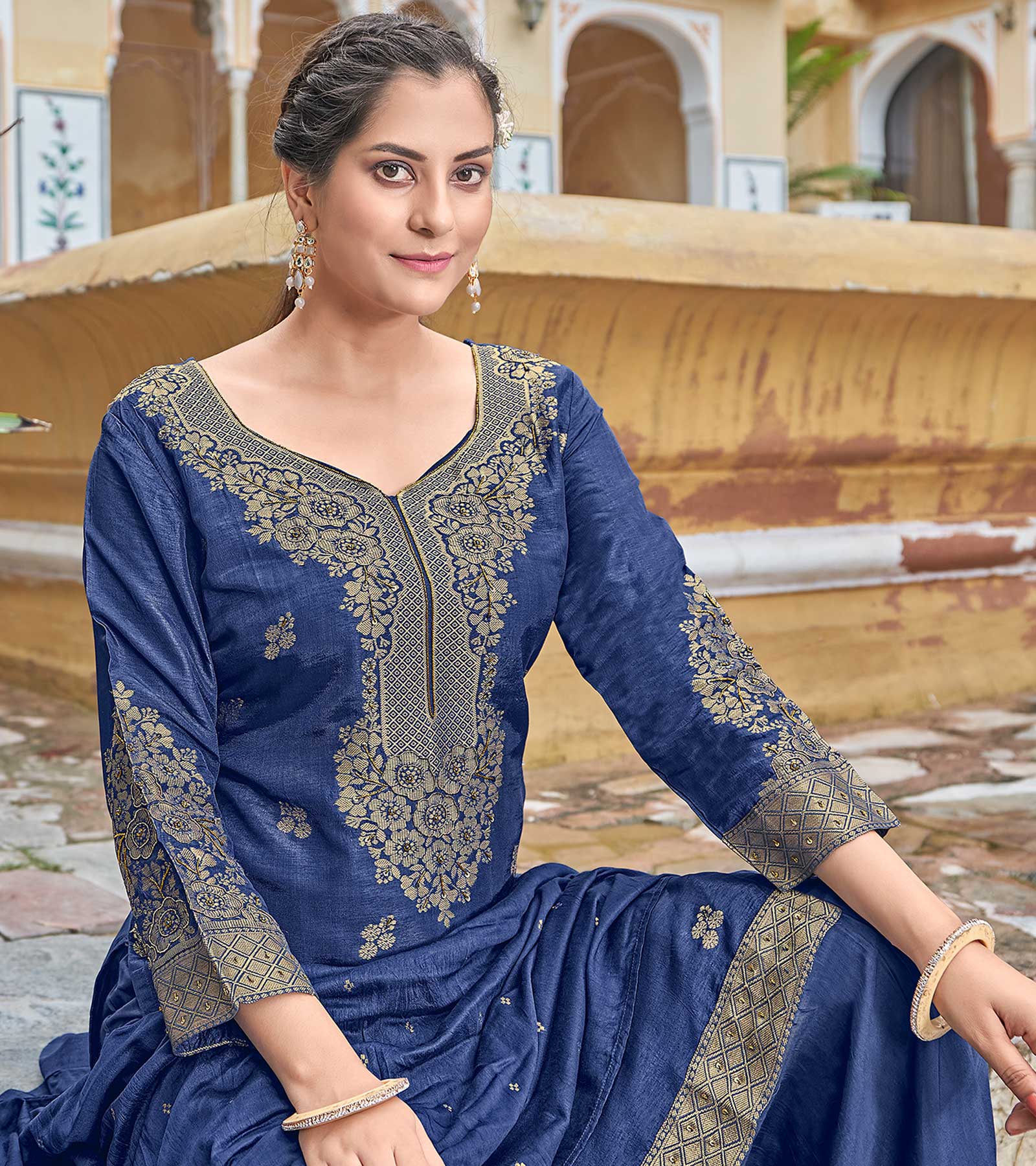 LAXMIPATI VISCOSE RAYON SILK BLUE  HANDWORK STRAIGHT KURTI WITH SHARARA AND FANCY VISCOSE DUPATTA