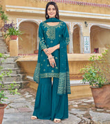 LAXMIPATI VISCOSE RAYON SILK RAMA BLUE HANDWORK STRAIGHT KURTI WITH SHARARA AND FANCY VISCOSE DUPATTA