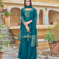 LAXMIPATI VISCOSE RAYON SILK RAMA BLUE HANDWORK STRAIGHT KURTI WITH SHARARA AND FANCY VISCOSE DUPATTA