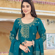 LAXMIPATI VISCOSE RAYON SILK RAMA BLUE HANDWORK STRAIGHT KURTI WITH SHARARA AND FANCY VISCOSE DUPATTA