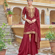 LAXMIPATI VISCOSE RAYON SILK MAROON HANDWORK STRAIGHT KURTI WITH SHARARA AND FANCY VISCOSE DUPATTA