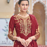 LAXMIPATI VISCOSE RAYON SILK MAROON HANDWORK STRAIGHT KURTI WITH SHARARA AND FANCY VISCOSE DUPATTA
