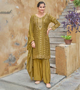 LAXMIPATI VISCOSE RAYON SILK MEHENDI GREEN HANDWORK STRAIGHT KURTI WITH SHARARA AND FANCY VISCOSE DUPATTA