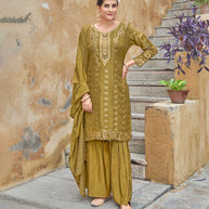 LAXMIPATI VISCOSE RAYON SILK MEHENDI GREEN HANDWORK STRAIGHT KURTI WITH SHARARA AND FANCY VISCOSE DUPATTA