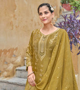 LAXMIPATI VISCOSE RAYON SILK MEHENDI GREEN HANDWORK STRAIGHT KURTI WITH SHARARA AND FANCY VISCOSE DUPATTA