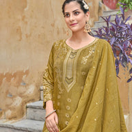 LAXMIPATI VISCOSE RAYON SILK MEHENDI GREEN HANDWORK STRAIGHT KURTI WITH SHARARA AND FANCY VISCOSE DUPATTA