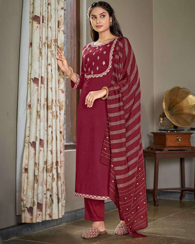 Laxmipati Muslin Dark Maroon Embroidered Neck Design In Top With Pant And Fancy Viscoss Dupatta