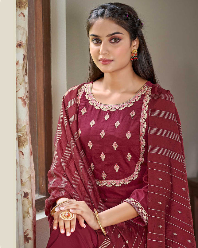 Laxmipati Muslin Dark Maroon Embroidered Neck Design In Top With Pant And Fancy Viscoss Dupatta