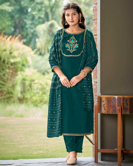 Laxmipati Muslin Dark Sea Green Embroidered Neck Design In Top With Pant And Fancy Viscoss Dupatta