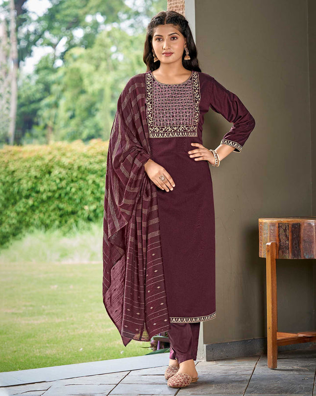 Laxmipati Muslin  Dark Magenta Embroidered Neck Design In Top With Pant And Fancy Viscoss Dupatta