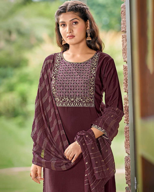Laxmipati Muslin  Dark Magenta Embroidered Neck Design In Top With Pant And Fancy Viscoss Dupatta