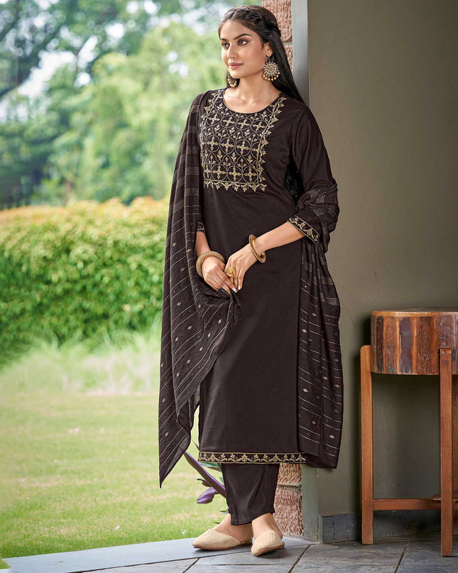 Laxmipati Muslin  Dark Brown Embroidered Neck Design In Top With Pant And Fancy Viscoss Dupatta