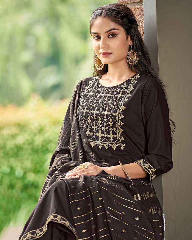 Laxmipati Muslin  Dark Brown Embroidered Neck Design In Top With Pant And Fancy Viscoss Dupatta