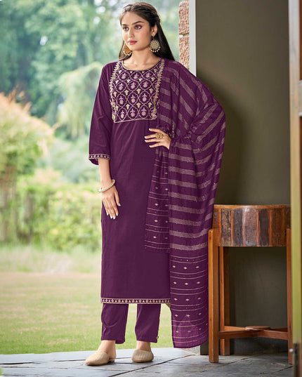 Laxmipati Muslin  Dark Voilet Embroidered Neck Design In Top With Pant And Fancy Viscoss Dupatta