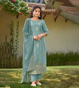 Laxmipati Viscose Polar Blue Viscose Jacquard Kurti With Pant & Dupatta