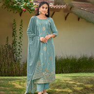 Laxmipati Viscose Polar Blue Viscose Jacquard Kurti With Pant & Dupatta