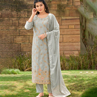 Laxmipati Viscose Light Grey Viscose Jacquard Kurti With Pant & Dupatta