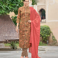 Laxmipati Viscose Apricot Crush Viscose Digital Print Kurti With Pant & Dupatta