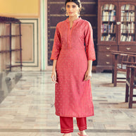 Laxmipati Cotton Blend Watermelon Pink Straight Cut Kurti With Pant