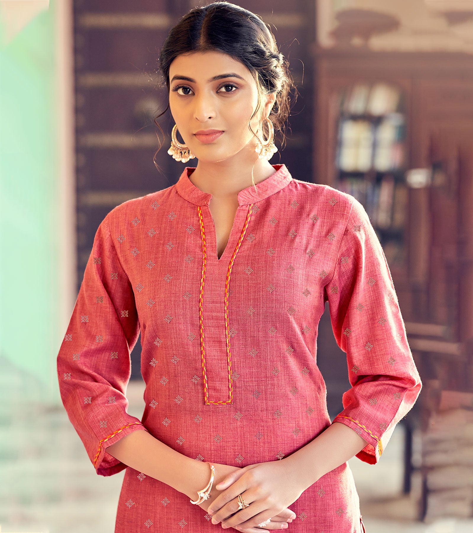 Laxmipati Cotton Blend Watermelon Pink Straight Cut Kurti With Pant