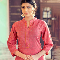 Laxmipati Cotton Blend Watermelon Pink Straight Cut Kurti With Pant