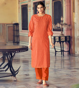 Laxmipati Cotton Blend Pumpkin Orange Straight Cut Kurti With Pant