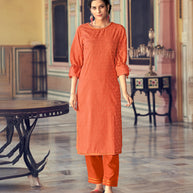 Laxmipati Cotton Blend Pumpkin Orange Straight Cut Kurti With Pant