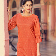 Laxmipati Cotton Blend Pumpkin Orange Straight Cut Kurti With Pant