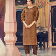 Laxmipati Cotton Blend Rust Brown Straight Cut Kurti With Pant