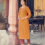 Laxmipati Cotton Blend Copper Yellow Straight Cut Kurti With Pant