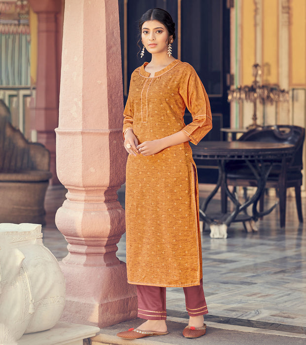 Laxmipati Cotton Blend Copper Yellow Straight Cut Kurti With Pant
