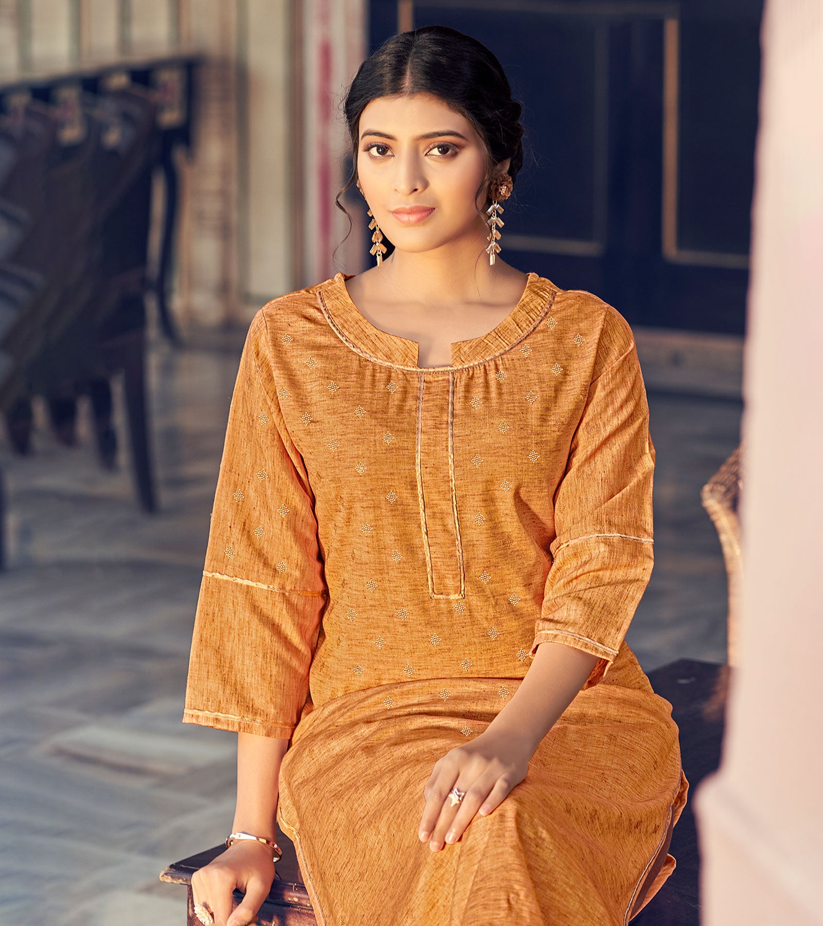 Laxmipati Cotton Blend Copper Yellow Straight Cut Kurti With Pant