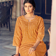 Laxmipati Cotton Blend Copper Yellow Straight Cut Kurti With Pant