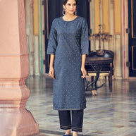 Laxmipati Cotton Blend Denim Blue Straight Cut Kurti With Pant