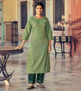 Laxmipati Cotton Blend Pine Green Straight Cut Kurti With Pant