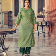 Laxmipati Cotton Blend Pine Green Straight Cut Kurti With Pant