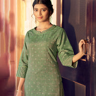 Laxmipati Cotton Blend Pine Green Straight Cut Kurti With Pant