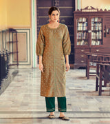 Laxmipati Cotton Blend Peanut Brown Straight Cut Kurti With Pant