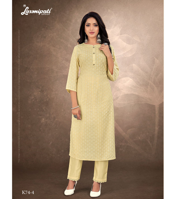 Laxmipati Trihsika   Dola Satin Canary Yellow Straight Cut Kurti With Pant