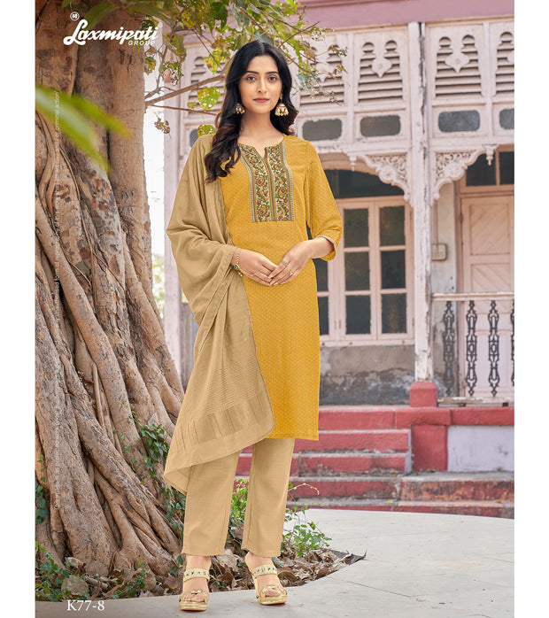 Laxmipati  Jiya Spun Base Fabric Orange Gold Straight Cut Kurti With Pant & Dupatta