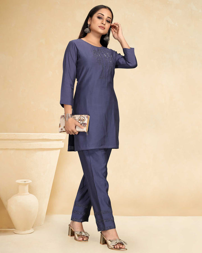 Laxmipati Cotton Silk Blue Coord Set Stone Design Top With Straight Pant