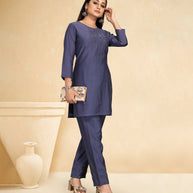 Laxmipati Cotton Silk Blue Coord Set Stone Design Top With Straight Pant