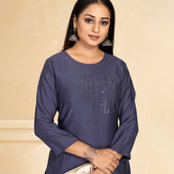 Laxmipati Cotton Silk Blue Coord Set Stone Design Top With Straight Pant