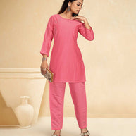 Laxmipati Cotton Silk Peach Coord Set Stone Design Top With Straight Pant