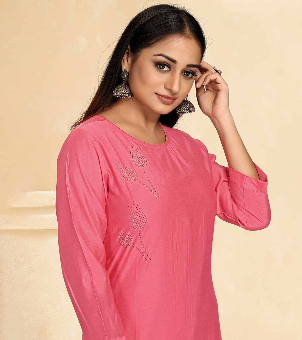 Laxmipati Cotton Silk Peach Coord Set Stone Design Top With Straight Pant