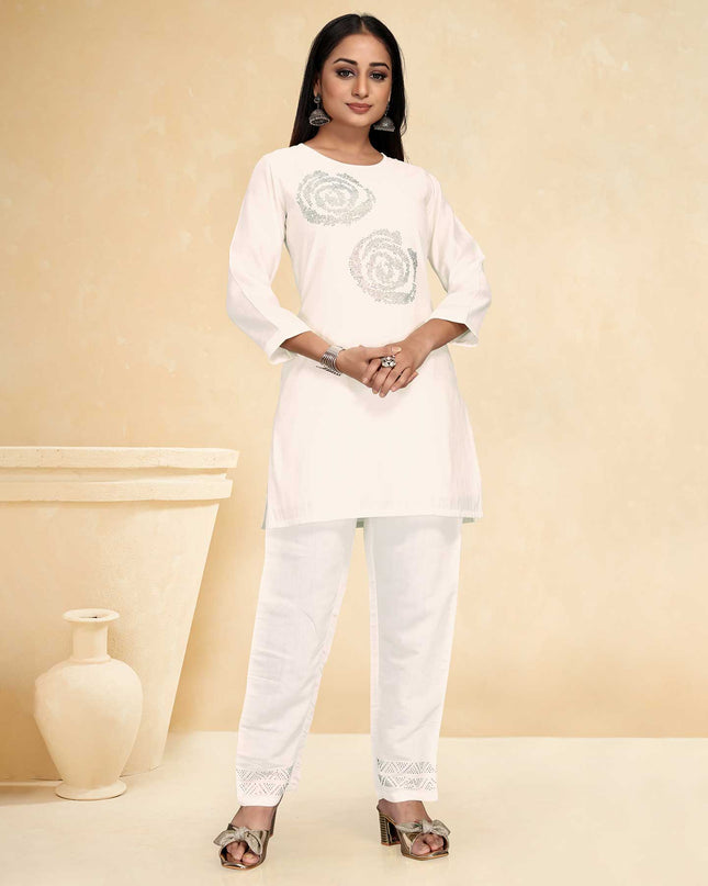 Laxmipati Cotton Silk White Coord Set Stone Design Top With Straight Pant
