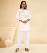 Laxmipati Cotton Silk White Coord Set Stone Design Top With Straight Pant