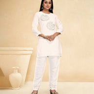 Laxmipati Cotton Silk White Coord Set Stone Design Top With Straight Pant