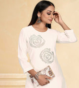 Laxmipati Cotton Silk White Coord Set Stone Design Top With Straight Pant