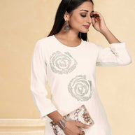Laxmipati Cotton Silk White Coord Set Stone Design Top With Straight Pant